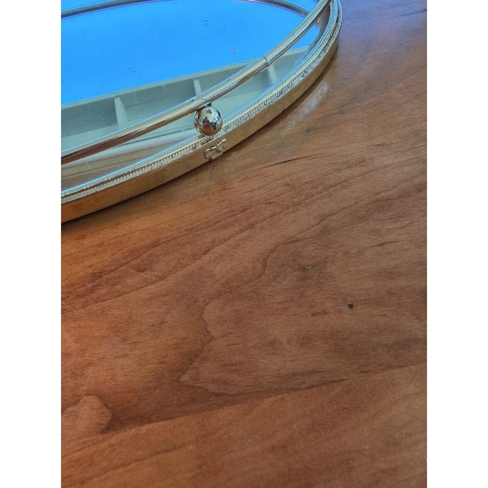 Vintage Mid-Century Hollywood Regency Oval Brass Mirrored Vanity Tray